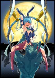 1boy 2boys animal_ears black_border black_gloves black_suit blue_eyes blue_hair border bow bowtie bunny_(vocaloid) chains clothing_aside detached_collar elbow_gloves femboy girly gloves green_bow green_bowtie half-closed_eyes hand_chains hand_on_another's_chest hands_up highres looking_at_viewer male male_focus male_only moon mubo multiple_boys night night_sky open_mouth original otoko_no_ko outdoors playboy_bunny rabbit_ears red_thighhighs sky spread_legs suit thighhighs trap yaoi