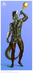 1boy abs anthro archshen argonian armor balls belt belt_pouch bethesda_softworks blue_eyes claws clothing erection genitals green_body green_scales hi_res holding_object humanoid_genitalia humanoid_penis jewelry legwear looking_at_viewer male male_only mostly_nude muscular muscular_male necklace pecs penis scales scalie solo solo_focus solo_male staff tail the_elder_scrolls unconvincing_armor weapon wrist_guards