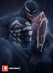 after_orgasm balls bara big_penis boner cum cum_on_penis dark_body erection licking_penis long_tongue male male_only marvel marvel_comics muscles muscular nude penis rain raining sharp_teeth solo solo_male spooky_mookie spread_legs tongue_around_penis venom venom_(marvel) wet