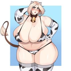 1girls 2023 absurd_res animal_horns animal_tail annoyed bbw bell bikini blonde_hair blue_eyes blush breasts cow_ears cow_horns cow_print cow_print_armwear cow_print_bikini cow_print_thighhighs cow_tail curvaceous curvy female female_focus hand_on_hip hips horns huge_breasts huge_thighs large_breasts looking_at_viewer plump revealing_clothes short_hair skimpy solo solo_female solo_focus strongmoist tail thick_thighs thighs voluptuous wide_hips