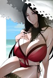 1girls big_breasts big_hat bikini bikini_bottom bikini_top black_hair bleach blue_eyes breasts breasts_bigger_than_head cleavage closed_mouth female female_only hat huge_breasts legs_together long_hair looking_at_viewer mature mature_female mature_woman midriff milf oppai pink_lips purple_hair red_bikini revealing_swimsuit sagging_breasts shadow side-tie_bikini side-tie_bikini_bottom sitting solo solo_focus straight_hair straw_hat sun_hat sunlight swimsuit thick_bottom_lip thick_thighs thighs top_heavy umbrella unohana_retsu very_long_hair white_hat zenatsu