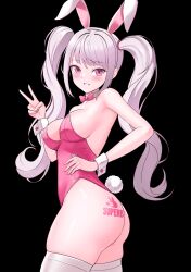 alice_(nikke) ass black_background blush bunny_ears bunny_girl bunnysuit cleavage goddess_of_victory:_nikke grin peace_sign pink_eyes playboy_bunny shiromashiro tattoo twintails white_hair