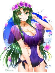 1girls adjusting_hair alternate_costume breasts bubble cecilia_(fire_emblem) cleavage clothing_cutout collar collarbone covered_navel cowboy_shot female female_only fire_emblem fire_emblem:_the_binding_blade green_eyes green_hair grin hand_in_own_hair highres large_breasts long_hair looking_at_viewer nintendo one-piece_swimsuit purple_one-piece_swimsuit purple_swimsuit side_cutout smile solo swimsuit tsukimura_(d24f4z8j3t) twitter_username very_long_hair white_background