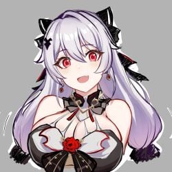 :d bare_shoulders bat_hair_ornament breasts cleavage commentary dress earrings english_commentary female flower grey_background hair_between_eyes hair_ornament highres honkai_(series) honkai_impact_3rd jewelry large_breasts long_hair looking_at_viewer luna_(honkai_impact) mini2chainz oerba_yun_fang open_mouth red_eyes red_flower red_rose rose simple_background skin_fang sleeveless sleeveless_dress smile solo theresa_apocalypse theresa_apocalypse_(lunar_vow:_crimson_love) upper_body white_hair