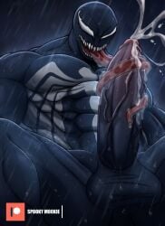 balls bara big_penis boner cum dark_body erection licking_penis long_tongue male male_only marvel marvel_comics muscles muscular nude orgasm penis rain raining sharp_teeth solo solo_male spooky_mookie spread_legs tongue_around_penis venom venom_(marvel) wet