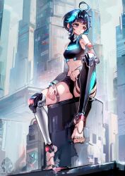 1girls absurdres ahoge artist_logo bare_shoulders barefoot belly blue_eyes blue_hair city cityscape closed_mouth crop_top cyberpunk expressionless feet highres lights looking_to_the_side mechanical_arms mechanical_legs mechanical_parts multicolored_hair navel original science_fiction sitting solo solo_female streaked_hair string thigh_strap thighhighs toes yeougui