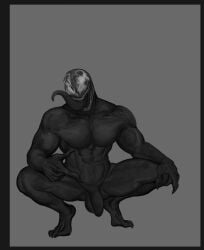 balls bara dark_body flaccid long_tongue male male_only marvel marvel_comics muscles muscular nanadagger nude penis sharp_teeth solo solo_male spread_legs squatting venom venom_(marvel)