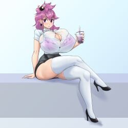 1girls big_breasts boba_tea breasts_bigger_than_head bursting_breasts clueless holding_drink huge_breasts hyper hyper_breasts nightpickle pink_hair see-through see-through_clothing see-through_top solo_female tight_clothing