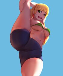 bangs bike_shorts bikini_top blonde_hair bob_cut cameltoe confused_look eathanontitan green_eyes love_live! midriff mouth_open one_leg_up thick_thighs underboob viewed_from_below