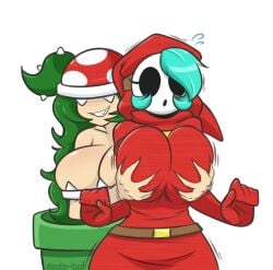 2girls belt_buckle big_breasts bimbo breast_grab breast_squeeze breasts busty cleavage clenched_hand cyan_hair dodo-bot eyes_covered face_mask green_hair groping groping_breasts groping_from_behind hoodie mario_(series) multiple_girls nintendo pipes piranha_plant piranha_plant_girl plant_girl shy_gal shy_gal_red simple_background smirk smirking surprise trembling vines white_background wide_hips yuri