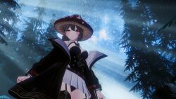 3d 3d_(artwork) beautiful_background black_panties blue_sky clothed clothing gillie_amanita god_rays indie_virtual_youtuber mushroom_girl outside panties sky snow tree upskirt virtual_youtuber vtuber