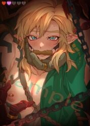 2d 2d_(artwork) artist_request blonde_hair blue_eyes blush chained chained_up chains elf elf_ears femboy gag ganondorf gay girly gloom gloom_hands hands hands_behind_head hylian jewelry link link_(tears_of_the_kingdom) male male_only mouth_gag nipple_piercing pierced_nipples piercing ring saliva sharp_ears sharp_fingernails sweat sweatdrop sweating tagme tagme_(artist) tattoo tattoos tears_of_the_kingdom the_legend_of_zelda watermark yaoi