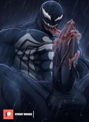 balls bara big_penis boner dark_body erection licking_penis long_tongue male male_only marvel marvel_comics muscles muscular nude penis rain raining sharp_teeth solo solo_male spooky_mookie spread_legs tongue_around_penis venom venom_(marvel) wet