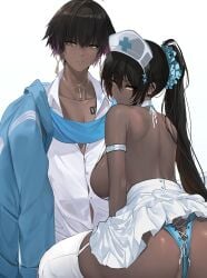 1boy 1girls absurdres ass back backboob bare_shoulders black_hair blue_archive blue_panties blue_scrunchie breasts commentary dark-skinned_female dark-skinned_male dark_skin dishwasher1910 earrings female genderswap_(ftm) hat highres jewelry karin_(blue_archive) large_breasts long_hair looking_at_viewer looking_back millennium_science_school_student multicolored_hair no_halo nurse_cap panties pants ponytail purple_hair rule_63 scrunchie shirt simple_background skirt smile symbol-only_commentary thighhighs two-tone_hair underwear white_background white_headwear white_shirt white_skirt white_thighhighs yellow_eyes