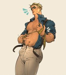 1boy 2023 bara bara_tits barazoku blonde_hair blush bulge chris_sdd clothing gay hairy_arms hairy_chest hi_res highres jujutsu_kaisen kento_nanami male male_focus male_nipples male_only male_pubic_hair manly muscular_male nipples solo solo_male tight_clothing yaoi