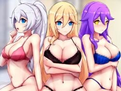 bedroom belly bianka_durandal_ataegina bianka_durandal_ataegina_(valkyrie_gloria) black_bra black_panties blonde_hair blue_bra blue_eyes blue_panties blurry blurry_background blush bra breast_hold breasts closed_mouth diamond-shaped_pupils diamond_(shape) embarrassed honkai_(series) honkai_impact_3rd kiana_kaslana kiana_kaslana_(herrscher_of_flamescion) large_breasts long_hair medium_breasts navel on_bed panties pink_bra pink_panties ponytail purple_hair siblings sirin sisters sitting slash-ex symbol-shaped_pupils underwear very_long_hair white_hair window_blinds yellow_eyes