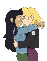 2girls amphibia amphibia_(finale) asian_female blonde_female blonde_hair blush_lines ear_piercing earrings female_only hugging looking_at_another marcy_wu nervous_smile plum sasha_waybright thrumbo white_background yuri