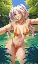 1girls belly_button bikini elf elf_ears forest frieren green_eyes hitler lake pointy_ears sousou_no_frieren twintails ultrabinou watermark white_hair