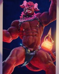 abs anthro bottomwear chest_harness clothed clothing demon dominant door_open doorframe genitals hair halloween harness holidays horn humanoid loincloth long_hair male male_only muscular partially_clothed pecs penis penis_base red_eyes red_penis rexwolf scales smile smiling_at_viewer smirk smirking_at_viewer solo spooky_(disambiguation)