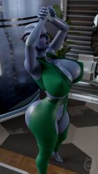 3d armpits arms_up asari bare_ass barefoot blue_skin cleavage female_only large_ass large_breasts liara_t'soni mass_effect o-ring o-ring_choker o-ring_dress o-ring_top pokies self_upload skimpy slow_(artist) smile standing voluptuous