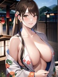 1girls ai_generated ai_mirror big_breasts blush brown_eyes brown_hair earrings flower_on_head flower_pattern kimono long_hair looking_at_viewer paper_lantern seductive smile uncovered_breast white_kimono white_skin wooden_floor wooden_wall yukata