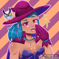 big_breasts blue_cape blue_dress blue_hair blush brawl_stars coloured cute gloves hoot_hoot_shelly medium_breasts owl purple_cape purple_dress red_eyes shelly_(brawl_stars) witch witch_hat