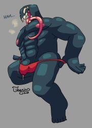 balls bara bulge dark_body long_tongue male male_only marvel marvel_comics muscles muscular nude penis sharp_teeth solo solo_male steamy_breath thong tiberius_(artist) venom venom_(marvel)