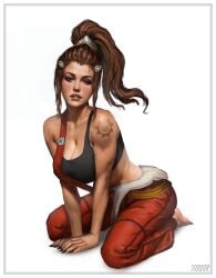 1girls big_breasts blizzard_entertainment brigitte brown_hair clothed female huge_breasts kneeling overwatch overwatch_2 shoulders tattoo tiodor