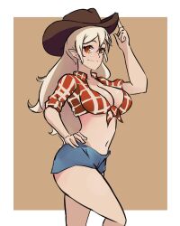 1girls alternate_costume bare_thighs blonde_hair breasts brown_background cleavage corrin_(fire_emblem) corrin_(fire_emblem)_(female) cowboy_hat cowgirl_outfit female female_only fire_emblem fire_emblem_fates front-tie_top hair_between_eyes hat in2naps large_breasts light-skinned_female long_hair nintendo pointy_ears red_eyes shirt shorts smile solo thighs tied_shirt western