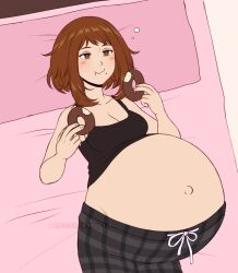 1girls alone bangs bare_arms bare_belly bare_shoulders bed bed_covers bed_sheet bedding bedding_background bedroom bedroom_setting belly belly_button big_belly black_clothes black_clothing black_eyelashes black_tank_top blush boku_no_hero_academia bottomwear breasts brown_eyebrows brown_eyes brown_hair brown_hair_female brunette_hair casual casual_clothes casual_clothing chewing chocolate_covered chocolate_doughnut cleavage closed_mouth clothed clothed_female clothes clothes_lift clothing clothing_lift collarbone color colored consuming cropped cropped_legs crumbs disproportional donut doughnut eating eating_food english english_language english_text eyebrows eyelashes eyelids fair-skinned_female fair_skin female female_focus female_only fingernails fingers food gingham hair huge_belly hyper hyper_belly hyper_pregnancy in_bed knuckles light-skinned light-skinned_female light_skin looking_up looking_upward lying lying_in_bed lying_on_back lying_on_bed medium_breasts misscherrylle mouth mouth_closed munching my_hero_academia nails navel neck nose ochako_uraraka on_back on_bed on_bedding outie_navel pattern_bottomwear pattern_clothing pattern_shorts pillow pink_bed pink_bed_sheet pink_bedding pink_pillow popped_navel pregnancy pregnancy_cravings pregnant pregnant_belly pregnant_female round_belly shaded shading shadow short_hair shorts solo solo_female solo_focus sweet tank_top tank_top_lift tanktop text top top_lift topwear topwear_lift topwear_up uraraka_ochako watermark