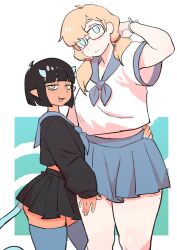 2girls :3 ass black_hair blonde_hair blue_eyes blue_nails blunt_bangs colo cute_fang demon demon_girl female freckles glasses hand_on_head hand_on_hip hand_on_thigh horn horns myphia_(colo) nail_polish painted_nails rita_(colo) sailor_collar scarf school_uniform serafuku skirt smile stockings sweet_hex tagme tail taller_girl thighhighs uniform voluptuous yellow_eyes