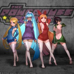 4girls artist_request black_hair bliss_utonium blonde_hair blossom_(powerpuff_girls) blue_eyes blue_hair bubbles_(powerpuff_girls) buttercup_(powerpuff_girls) collar feet flat_chest green_eyes multiple_girls powerpuff_girls powerpuff_girls_2016 purple_eyes red_eyes red_hair sideboob teenager thighs toes_visible_through_clothing twintails young