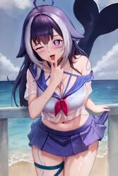 ai_generated beach big_breasts black_hair cetacean_tail closed_eye cunnilingus_gesture day daytime excited female heart-shaped_pupils indie_virtual_youtuber long_hair open_mouth orca_girl photoshop sailor_uniform sea shylily skirt stable_diffusion tongue_out virtual_youtuber vtuber vtuber_persona vtuberfanart white_hair wink winking_at_viewer