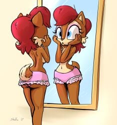 1girls anthro anthro_only archie_comics artist_signature ass back big_ass breasts eyelashes eyeliner eyeshadow female female_only frills furry furry_only hi_res lingerie makeup medium_breasts medium_hair mirror panties sally_acorn sega shieltar sonic_(series) sonic_the_hedgehog_(archie) sonic_the_hedgehog_(comics) sonic_the_hedgehog_(series) tail wide_hips