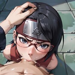 1girls ai_generated all_the_way_to_the_base angry angry_face arbitrary black_hair blowjob boruto:_naruto_next_generations cum cum_in_mouth cum_in_throat cute deepthroat eye_contact fellatio female female_focus forced_oral forehead_protector glasses hand_on_head hi_res looking_at_viewer naruto naruto_(series) oral oral_creampie penis penis_in_mouth petite pov sarada_uchiha short_hair stable_diffusion teenager tight_throat