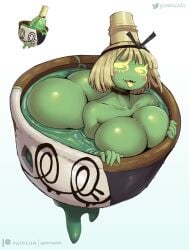 1girls 2023 5_fingers :3 ass big_ass big_breasts blonde_hair breasts covered_nipples female female_only female_pokemon first_porn_of_character gammainks green_body green_skin green_water hi_res in_water looking_at_viewer nude open_mouth patreon_username pokemon pokemon_(species) pokemon_sv reference_image sinistcha solo solo_female tongue tongue_out twitter_username water white_background yellow_eyes yellow_hair yellow_tongue