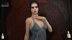 1girls 3d 3d_(artwork) blush blushing_at_viewer breasts candles cara_delevingne celebrity cleavage closed_mouth clothed clothed_female dress female female_focus indoors looking_at_viewer open_eyes patreon patreon_username roosterart sharp_nails shoulders solo solo_focus standing subscribestar subscribestar_username sweating