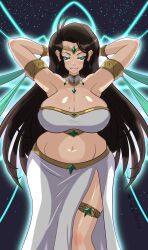 big_breasts chubby_female colossal_breasts dress_slit giantess gigantic_breasts glowing goddess midriff original pudgy_belly soft_breasts tagme thick_thighs white_dress wide_hips xendrawsseggs xendrawsthings xennie_(xendrawsthings)