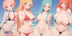 4girls ai_generated aqua_eyes aqua_hair arms_behind_back bangs beach bikini bikini_bottom bikini_top blonde_hair blue_bikini blue_eyes blue_hair blush blushed breasts cleavage closed_mouth cowboy_shot cyan_hair eyebrows_visible_through_hair flat_chest girls halterneck holding_breast horizon huge_breasts large_breasts long_hair looking_at_viewer micro_bikini multiple_girls navel ocean one_piece_swimsuit open_mouth orange_hair pink_hair ponytail red_bikini red_swimsuit short_hair side_tie_bikini sling_bikini slingshot_bikini slingshot_swimsuit small_breasts string_bikini swept_bangs swimsuit water white_bikini