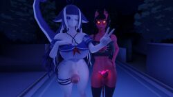 2futas 3d ass black_hair cute demon_girl demon_horns female fringe futa_on_futa futa_only futanari indie_virtual_youtuber meru_(merunyaa) meruccubus_(merunyaa) petite red_skin self_upload shylily succubus teenager tocher44 virtual_youtuber yellow_eyes