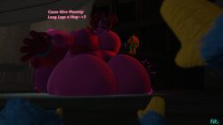 big_ass big_breasts big_butt bunzo_bunny green_eyes huggy_wuggy mommy_long_legs pink_body pink_hair pink_skin poppy_playtime text thick_thighs vore vore_belly