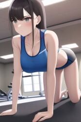 1girls ai_generated all_fours black_hair black_shorts blue_bra blue_sports_bra bra breasts easyimage grey_eyes gym gym_clothes large_breasts long_hair midriff nintendo shorts sports_bra wii_fit wii_fit_trainer yoga yoga_mat