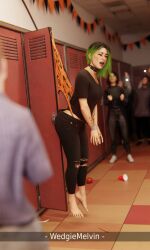 3d bondage bully bullying goth goth_girl gothic green_hair halloween hands_tied hanging_wedgie locker lockers no_shoes october orange_panties orange_underwear panties school shoeless underwear wedgie wedgiemelvin