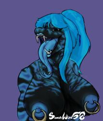 anthro big_breasts black_body blue_body blue_glow blue_hair breasts fangs female hair hi_res lipstick long_tongue makeup nipple_piercing nipples piercing ponytail reptile scalie scorchwind58 snake solo teeth tongue tongue_out tongue_piercing