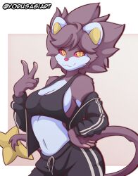 1girls anthro big_breasts breasts female fully_clothed fur furry luxray peace_sign pokémon_(species) pokemon pokemon_(species) solo thick_thighs wide_hips yorusagi