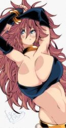 1girls 2023 2d 2d_artwork android android_21 android_21_(good) android_21_(human) arc_system_works armpits arms_above_head artist_signature bandai_namco belly belly_button big_breasts blue_eyes blue_nail_polish blue_nails blush bracelet brown_hair dragon_ball dragon_ball_fighterz earrings elbow_gloves fanart gold_jewelry hair_between_eyes jewelry large_breasts light-skinned_female light_skin long_hair looking_at_viewer messy_hair omochi_db spiky_hair tubetop voluptuous voluptuous_female vomi_(dragon_ball)