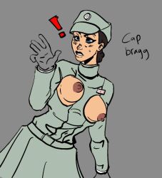 ! 1girls absent_hentai blue_eyes breast_cutout breastless_clothes breastless_clothing breasts breasts_out breasts_out_of_clothes captain_bragg clothing dark_nipples embarrassed female female_only gloves grey_background human human_only imperial_officer mostly_clothed nervous nipple no_bra no_underwear nudity partially_clothed plain_background solo standing star_wars sweat the_bad_batch