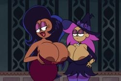 2girls 4_fingers altzegoz_(artist) annoyed big_breasts black_hair breast_expansion breast_grab breasts cartoon_network cleavage dark_skin enid hand_on_hip lipstick looking_at_another milf mother_and_daughter ok_k.o.!_let's_be_heroes purple_hair siblings thick_thighs vampire vampire_girl wilhamena witch_hat