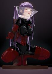 1girls arms_behind_back asagami_fujino black_gloves bodysuit bondage bondage_outfit boots bound breasts corset cum fate/grand_order fate_(series) female female_only gloves highres impossible_clothes kara_no_kyoukai latex latex_bodysuit latex_gloves latex_legwear long_hair open_mouth purple_hair red_corset red_eyes red_footwear red_gloves rope skindentation solo squatting thigh_boots tongue tongue_out