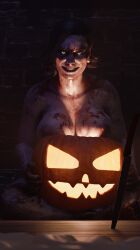 3d alcina_dimitrescu black_hair blender blood blood_on_face breasts buffsprout capcom crossed_legs earrings female glowing_eyes halloween halloween_decoration jack-o'-lantern knife mature_female milf nude nude_female pale_skin pumpkin resident_evil resident_evil_8:_village sitting smiling smiling_at_viewer solo yellow_eyes